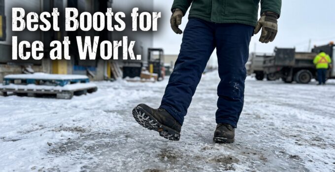 Close-up of a person wearing insulated work boots with traction on icy ground, suitable for winter work conditions in 2026.