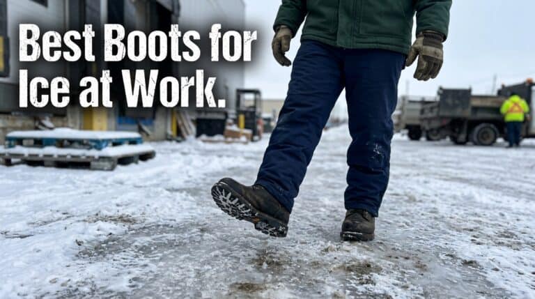 Close-up of a person wearing insulated work boots with traction on icy ground, suitable for winter work conditions in 2026.