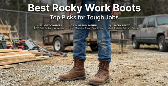 Close-up of rugged Rocky work boots on a construction site, highlighting durability and comfort for demanding work environments.