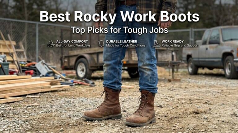 Close-up of rugged Rocky work boots on a construction site, highlighting durability and comfort for demanding work environments.