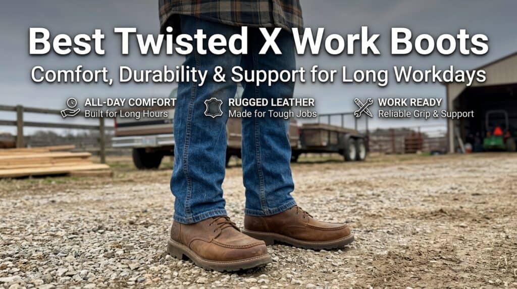 Close-up of Twisted X work boots on a person standing outdoors, highlighting comfort and rugged leather design for long workdays.