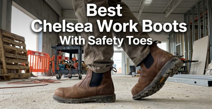 Close-up of a person wearing brown Chelsea work boots with safety toes in a construction site setting.