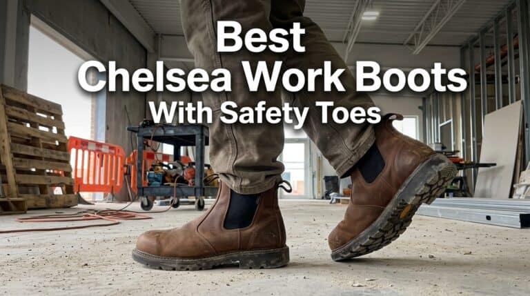 Close-up of a person wearing brown Chelsea work boots with safety toes in a construction site setting.