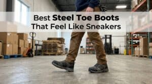 Close-up of a person wearing durable steel toe work boots in a warehouse setting, highlighting safety and comfort features.