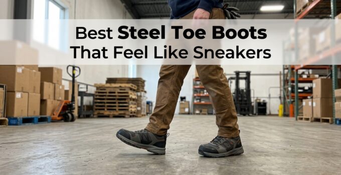 Close-up of a person wearing durable steel toe work boots in a warehouse setting, highlighting safety and comfort features.