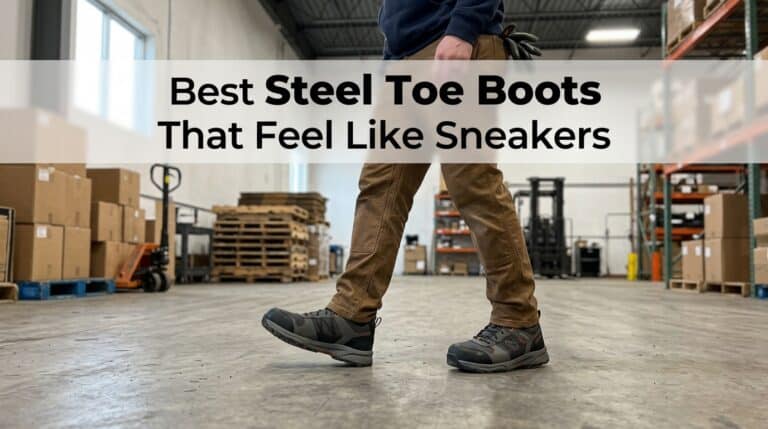 Close-up of a person wearing durable steel toe work boots in a warehouse setting, highlighting safety and comfort features.