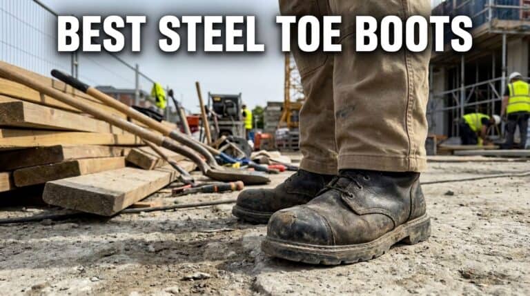 Close-up of rugged steel toe work boots on a construction site with workers and building materials in the background.