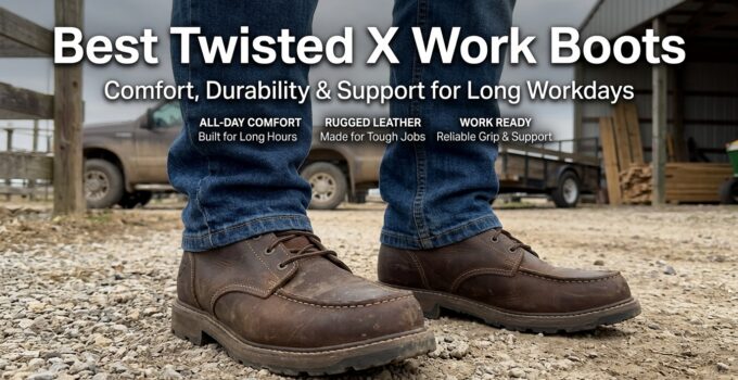 Close-up of Twisted X work boots on gravel, highlighting rugged leather and sturdy sole for tough job sites.