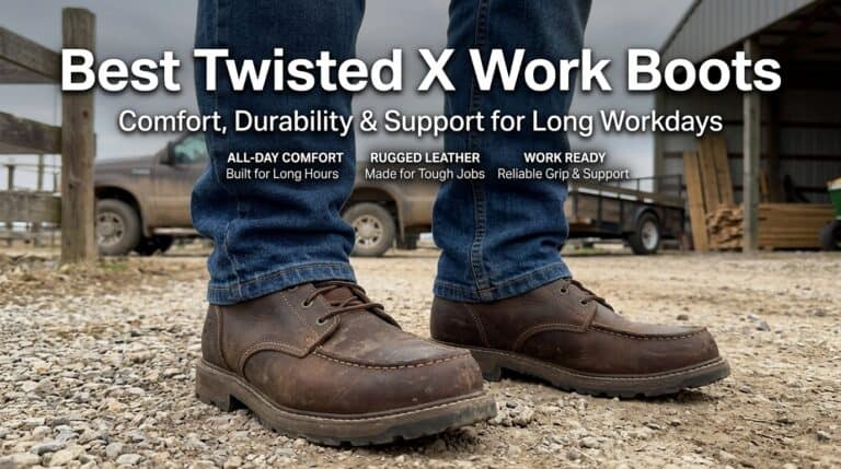 Close-up of Twisted X work boots on gravel, highlighting rugged leather and sturdy sole for tough job sites.