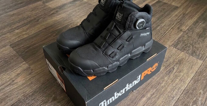 Black Timberland PRO Morphix BOA 6 inch composite toe boots standing on the Timberland PRO box