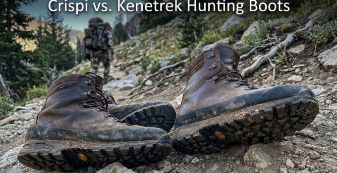 Close-up of rugged hunting boots on rocky trail with forest background, highlighting durability and design for outdoor hunting.