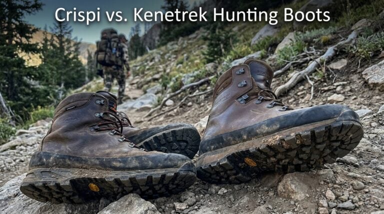 Close-up of rugged hunting boots on rocky trail with forest background, highlighting durability and design for outdoor hunting.