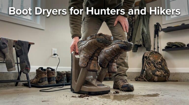 A person using a boot dryer to dry hiking boots in a room with outdoor gear and shoes around.