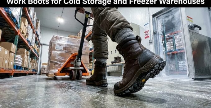 Worker wearing insulated work boots in cold storage warehouse, handling pallets with a hand truck.