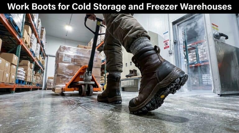 Worker wearing insulated work boots in cold storage warehouse, handling pallets with a hand truck.