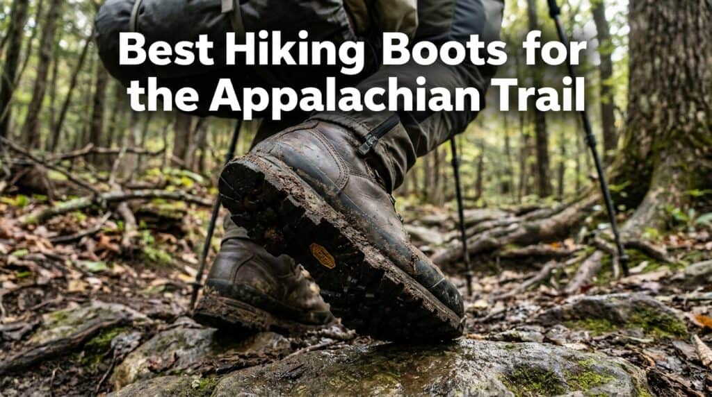 Close-up of hiking boots stepping over a wet, rocky trail in a dense forest, highlighting durability and grip for long-distance hiking.