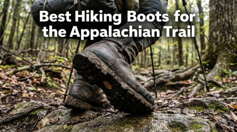 Close-up of hiking boots stepping over a wet, rocky trail in a dense forest, highlighting durability and grip for long-distance hiking.