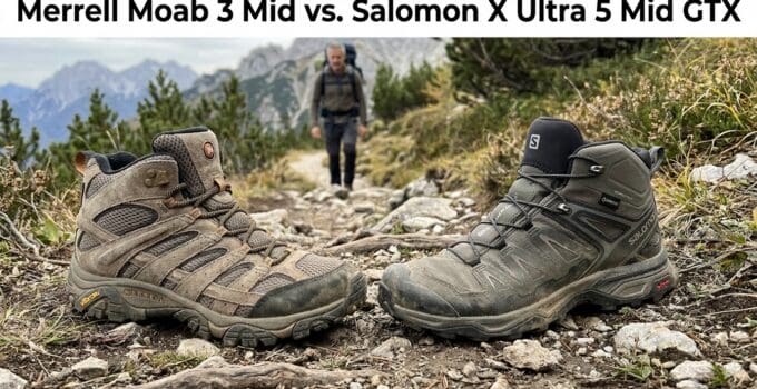 Comparison of Merrell Moab 3 Mid and Salomon X Ultra 5 Mid GTX hiking boots on rocky trail with mountain background.