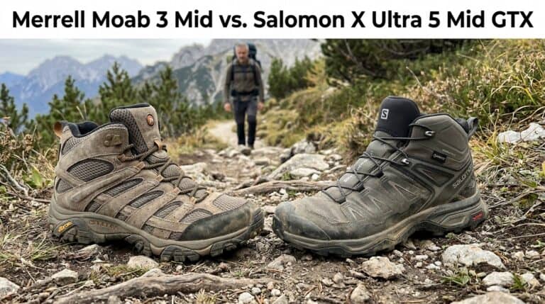 Comparison of Merrell Moab 3 Mid and Salomon X Ultra 5 Mid GTX hiking boots on rocky trail with mountain background.