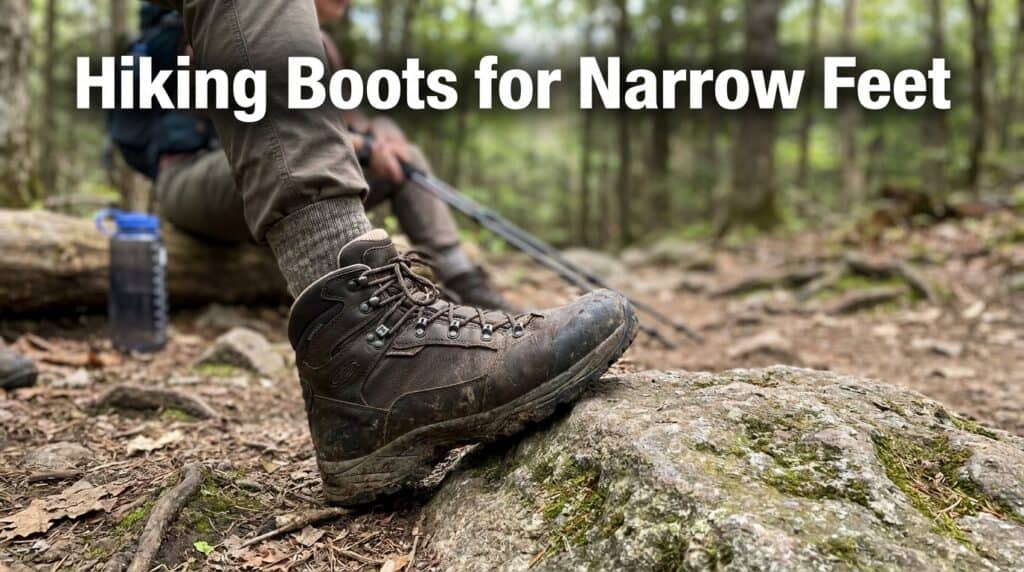 Close-up of a hiking boot on a rock in a forest setting, highlighting fit for narrow feet and outdoor durability.