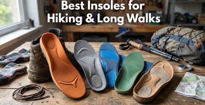 A variety of insoles for hiking and long walks displayed on a wooden table with outdoor gear in the background.