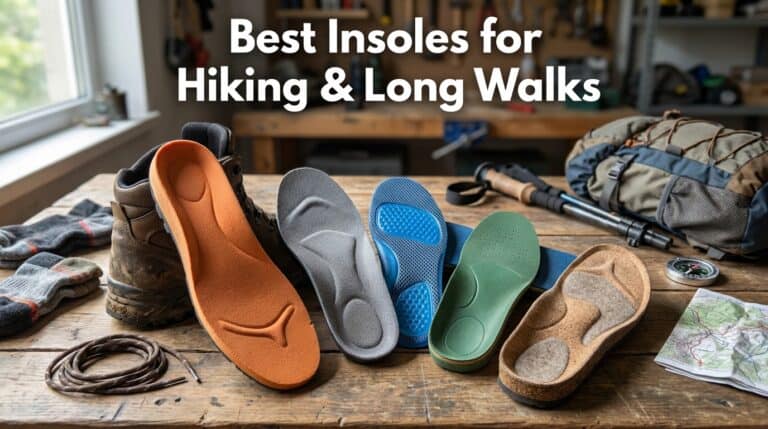 A variety of insoles for hiking and long walks displayed on a wooden table with outdoor gear in the background.