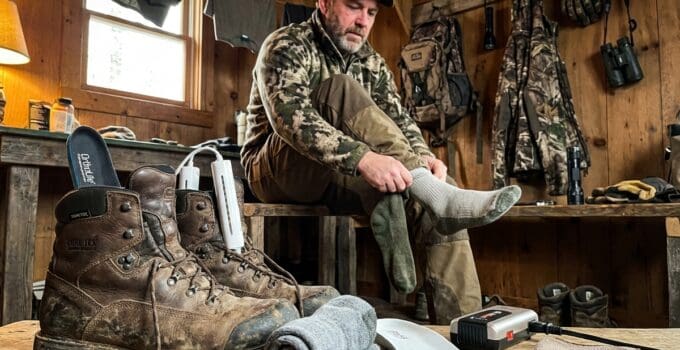 Man in camouflage clothing sitting in a wooden cabin with hunting boots, socks, and foot care tools, demonstrating how to prevent foot sweating in hunting boots.