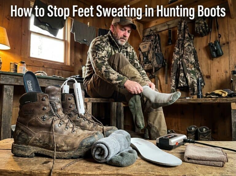 Man in camouflage clothing sitting in a wooden cabin with hunting boots, socks, and foot care tools, demonstrating how to prevent foot sweating in hunting boots.