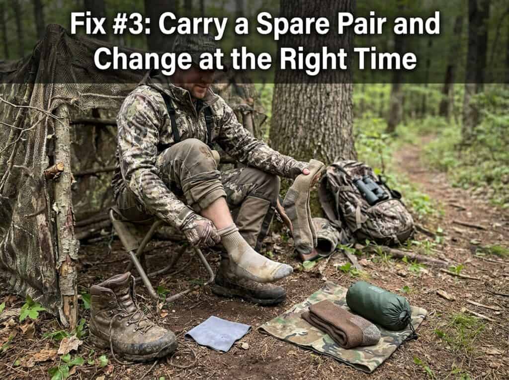 hunter changing socks in forest 20260918160736