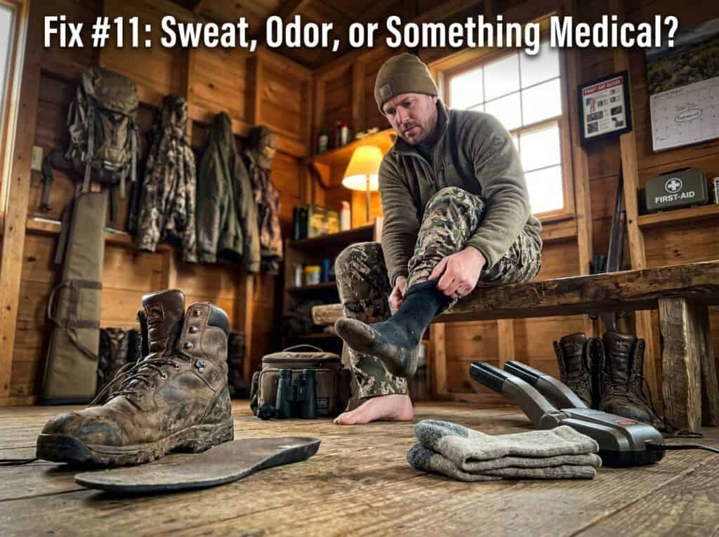 Man adjusting socks in a wooden cabin with hunting boots, gear, and equipment, demonstrating foot care for hunting.