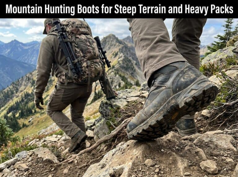 Hiker wearing durable mountain hunting boots navigating rocky trail in mountainous terrain with heavy pack and backpack gear.