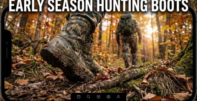 Close-up of hunting boots walking through autumn forest with fallen leaves and trees in background.