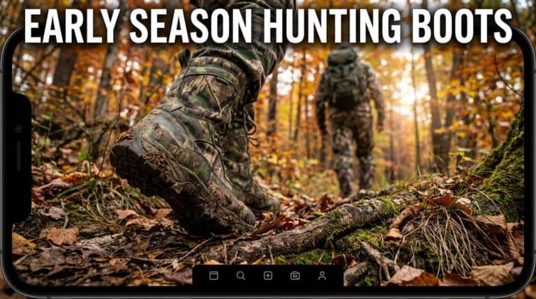 Close-up of hunting boots walking through autumn forest with fallen leaves and trees in background.