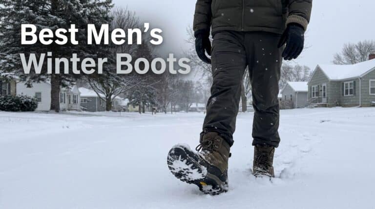 Close-up of men's winter boots walking through snow, showcasing waterproof and insulated features for cold weather.
