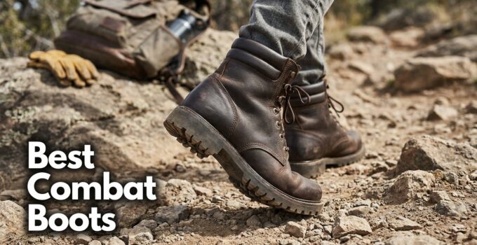 Close-up of rugged combat boots worn on rocky terrain, showcasing durability and style for outdoor and tactical use.