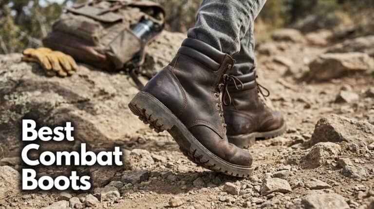 Close-up of rugged combat boots worn on rocky terrain, showcasing durability and style for outdoor and tactical use.