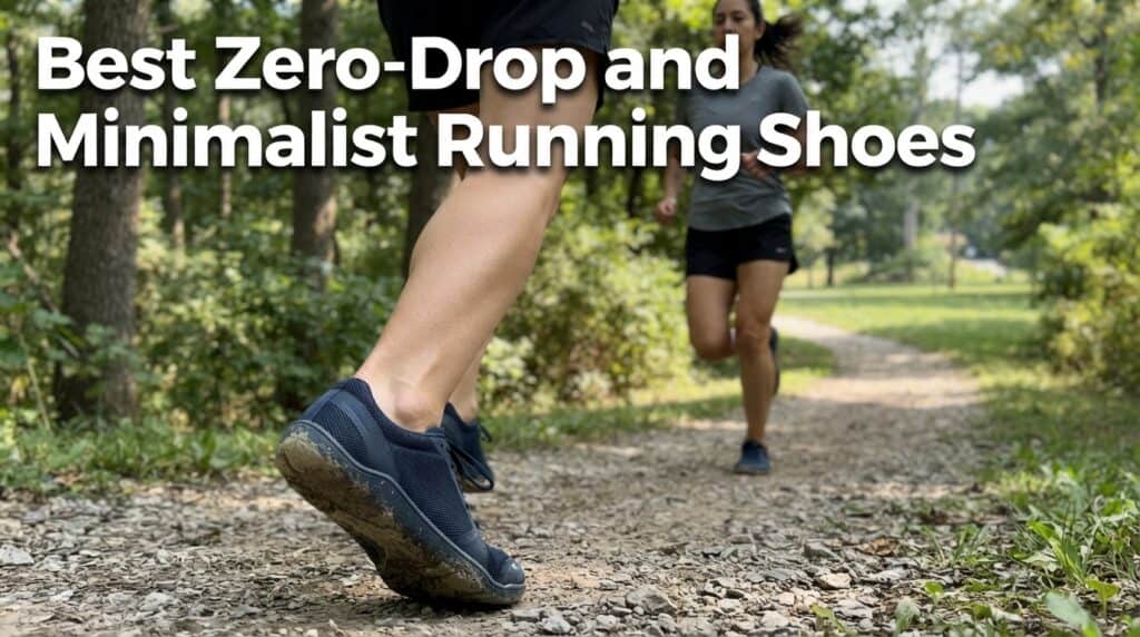Close-up of a person wearing minimalist running shoes on a forest trail, emphasizing zero-drop design and lightweight construction for natural running.
