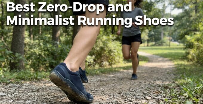 Close-up of a person wearing minimalist running shoes on a forest trail, emphasizing zero-drop design and lightweight construction for natural running.
