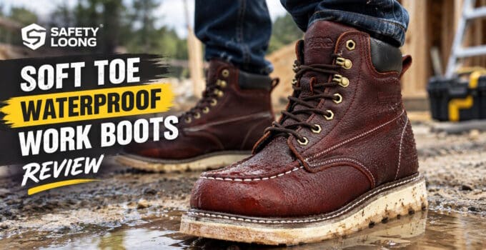 Close-up of SAFETY LOONG waterproof work boots on muddy ground, showcasing durability and waterproof features for safety and outdoor work.