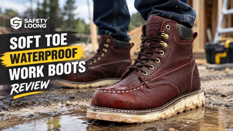 Close-up of SAFETY LOONG waterproof work boots on muddy ground, showcasing durability and waterproof features for safety and outdoor work.