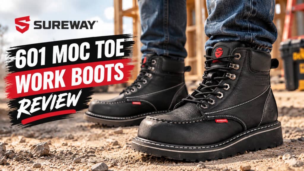 Close-up of SUREWAY 601 Moc Toe Work Boots on rugged construction site ground, showcasing durable leather and sturdy sole for industrial work environments.
