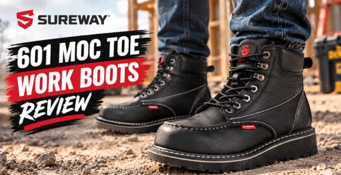 Close-up of SUREWAY 601 Moc Toe Work Boots on rugged construction site ground, showcasing durable leather and sturdy sole for industrial work environments.