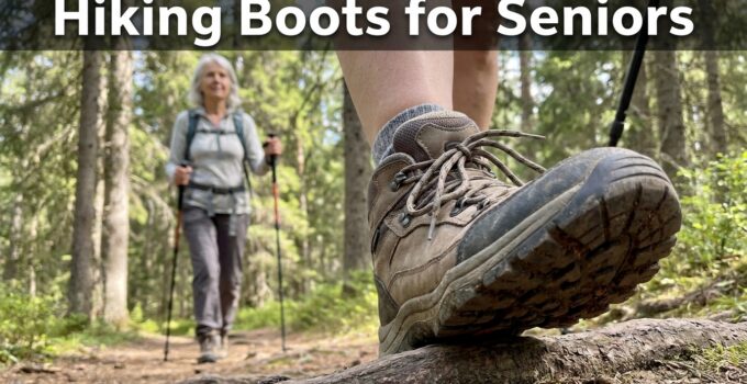 Close-up of a senior hiker's sturdy hiking boot on a forest trail, emphasizing support and comfort for older feet.