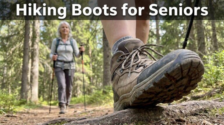 Close-up of a senior hiker's sturdy hiking boot on a forest trail, emphasizing support and comfort for older feet.