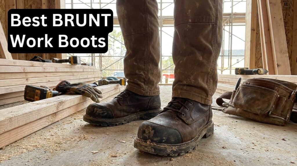 Close-up of rugged BRUNT work boots on a construction site with tools and wooden planks in the background.