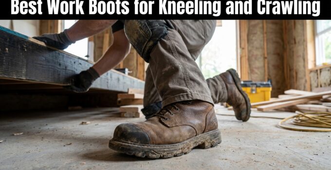 Close-up of a worker kneeling in durable work boots on a construction site, emphasizing comfort and protection for kneeling and crawling tasks.