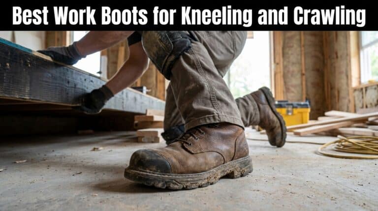 Close-up of a worker kneeling in durable work boots on a construction site, emphasizing comfort and protection for kneeling and crawling tasks.