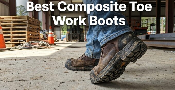 Close-up of a worker's sturdy composite toe work boots on a construction site, showcasing durability and safety features.