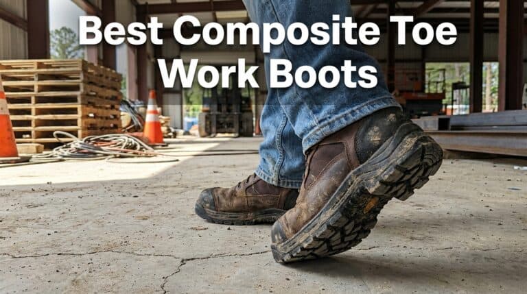 Close-up of a worker's sturdy composite toe work boots on a construction site, showcasing durability and safety features.