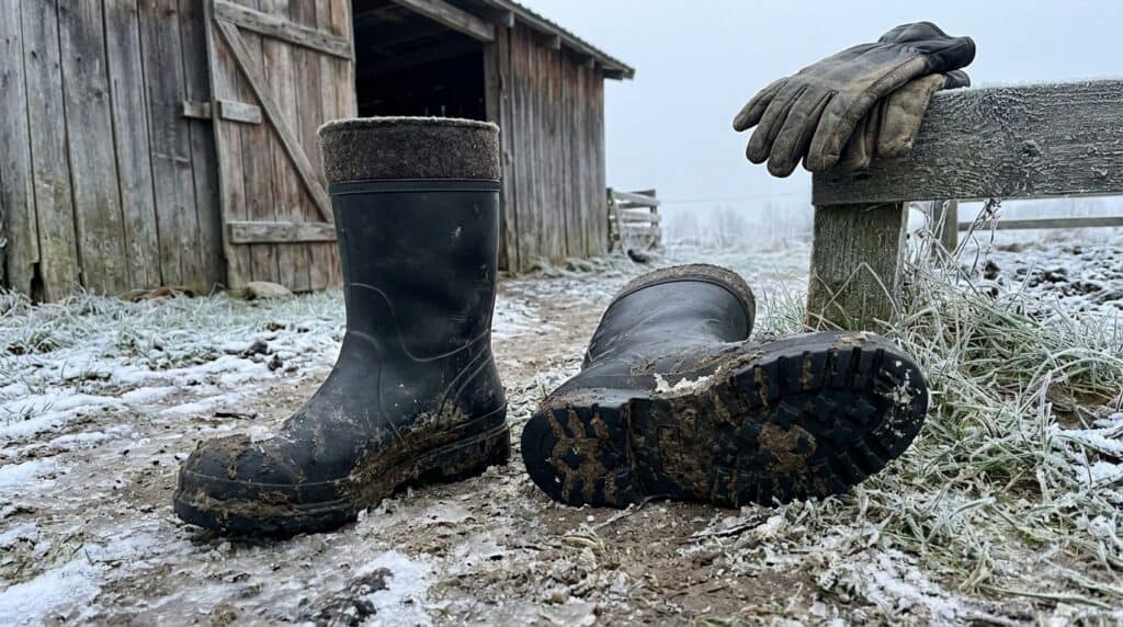 Pair of black rubber boots on icy, muddy ground near a wooden shed with gloves resting on a fence in a frosty, rural setting.